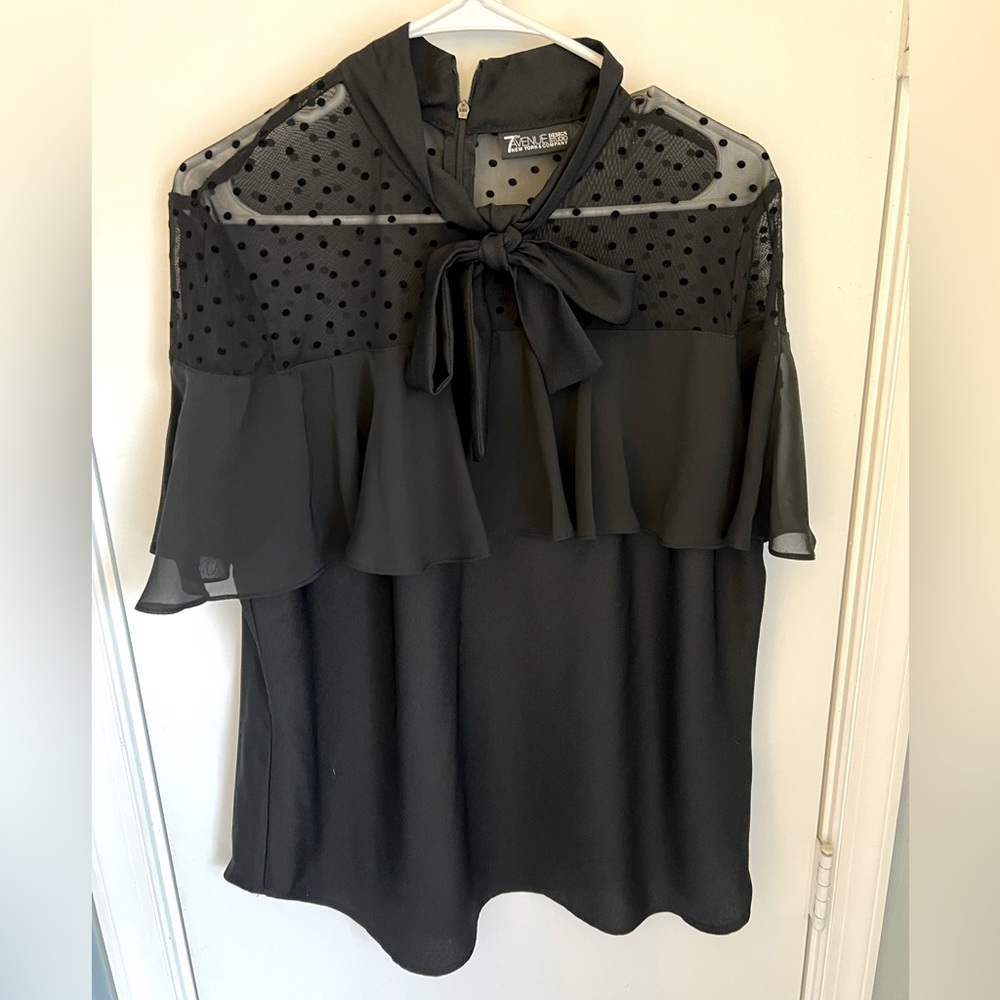 Black Short Sleeve Blouse with polka dot details and cute tie detail
